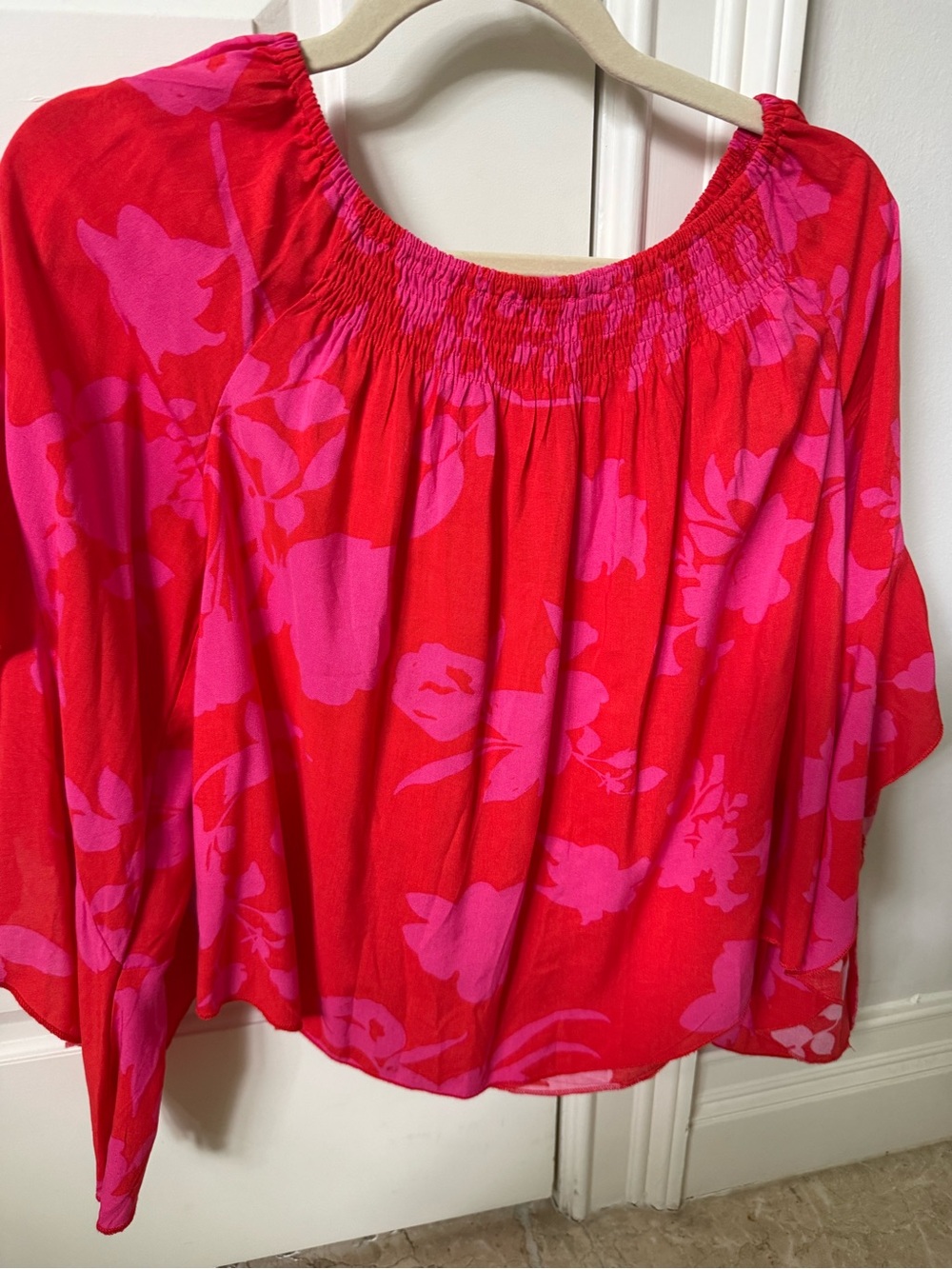 SHEIN Red Off-Shoulder Top with Pink Floral Motif